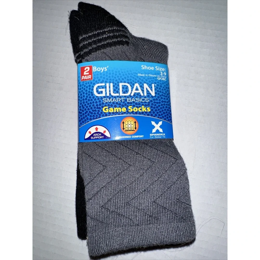 Gildan Smart Basics Boys Game Socks 2 Pair Pack Grey Black Shoe Size 3-9 GP2BC
